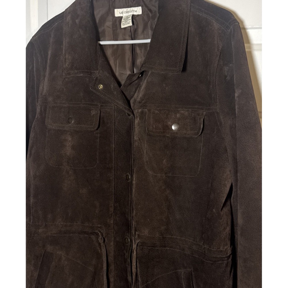 VTG Liz Claiborne Brown Suede Leather Jacket Women XL Snap Distressed Utility - Picture 5 of 8